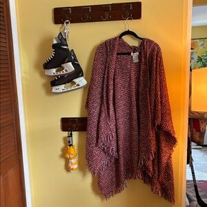 Charlie Paige Red and White Knit Poncho with Fringe & Hood